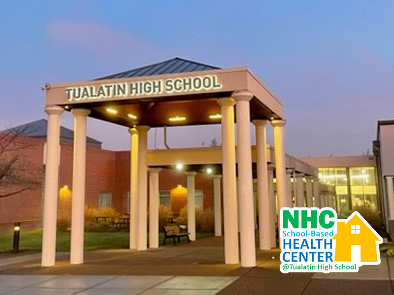 Photo that depicts the columned entrance to Tualatin High School, the location onf NHC's school-based health center.